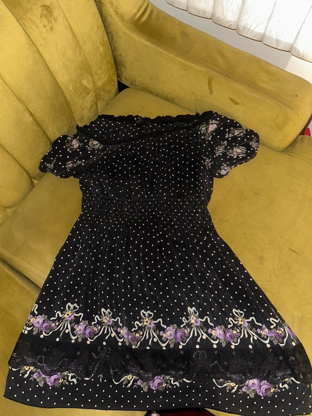 Black Floral Polka Dot Smocked Waist Dress